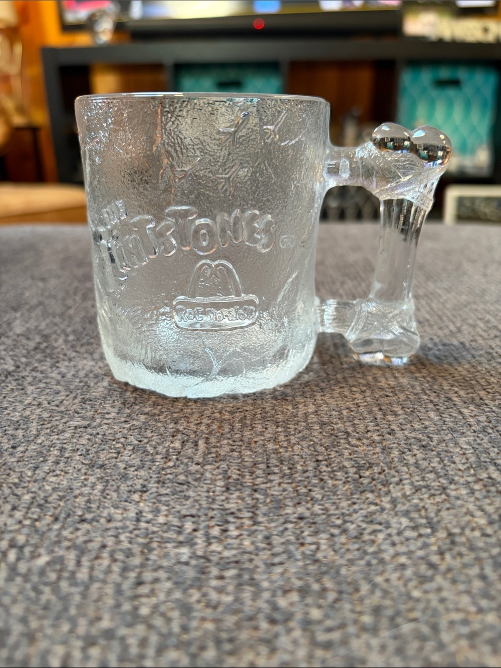 McDonald's 1993 Flintstones Clear Textured Glass Mug with Embossed Logo